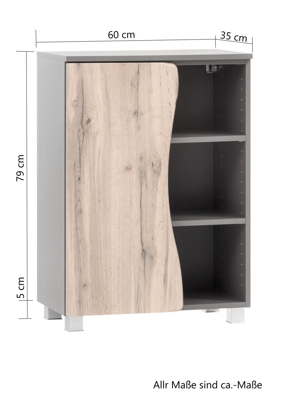 Unterschrank 60 cm breit, 79 cm hoch, 35 cm tief, mit Holzoptik-Tür und drei offenen Fächern, Frontansicht