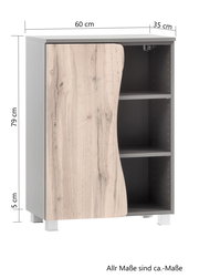 Unterschrank 60 cm breit, 79 cm hoch, 35 cm tief, mit Holzoptik-Tür und drei offenen Fächern, Frontansicht