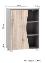 Onderkast van 60 cm breed, 79 cm hoog en 35 cm diep, met een deur in houtlook en drie open vakken, vooraanzicht