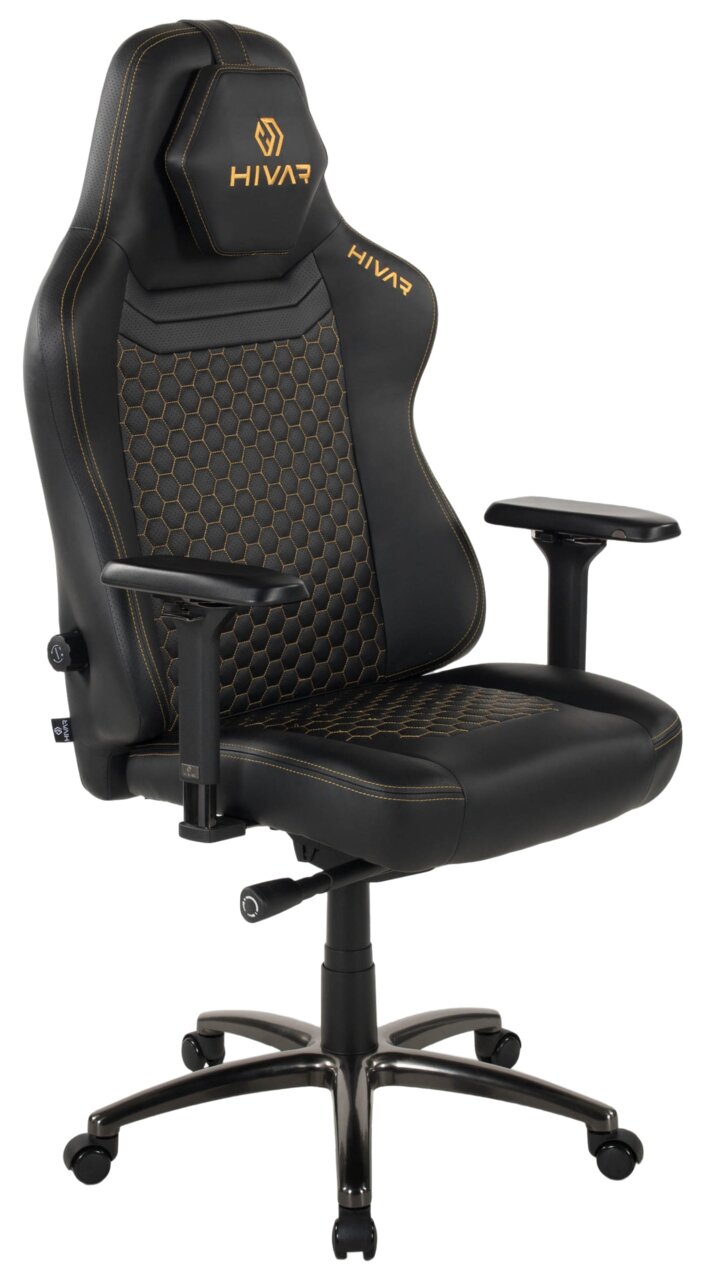 Schwarzer Gaming-Stuhl mit ergonomischem Design, Wabenmuster und verstellbaren Armlehnen, seitliche Perspektive