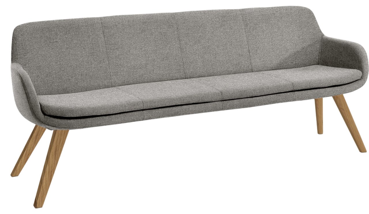 Graue Polsterbank mit Holzbeinen, seitliche Perspektive