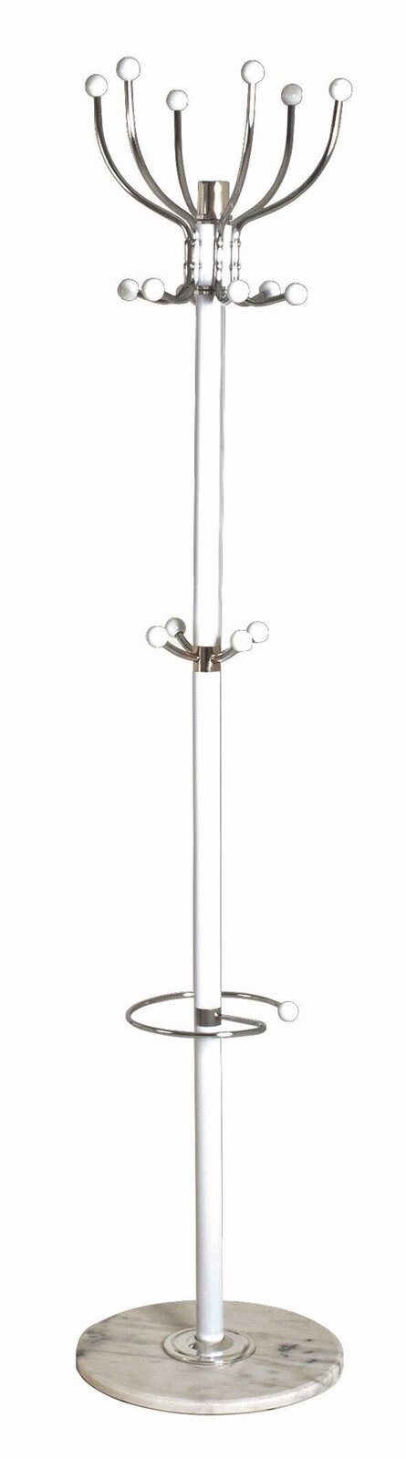 Moderner Garderobenständer aus Metall mit mehreren Haken und einem stabilen Marmorfuß, frontal abgebildet.