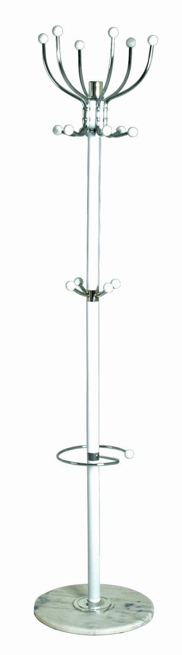 Moderner Garderobenständer aus Metall mit mehreren Haken und einem stabilen Marmorfuß, frontal abgebildet.