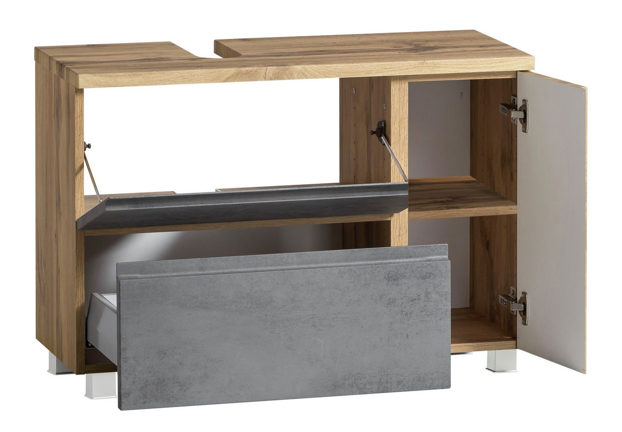 Waschbeckenunterschrank aus Holz mit grauer Front, geöffnete Türen und Schubladen, seitliche Perspektive