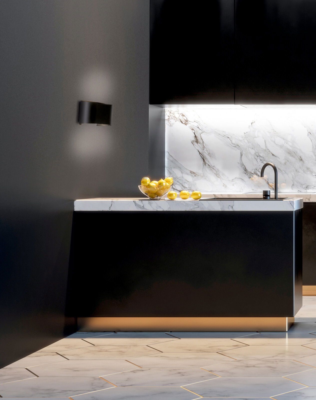 Moderne schwarze Wandleuchte in einer stilvollen Küche mit Marmorarbeitsplatte, seitliche Perspektive.