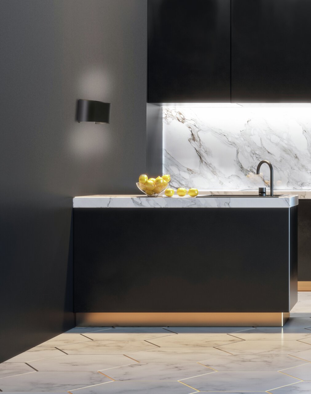 Moderne schwarze Wandleuchte in einer stilvollen Küche mit Marmorarbeitsplatte, seitliche Perspektive.