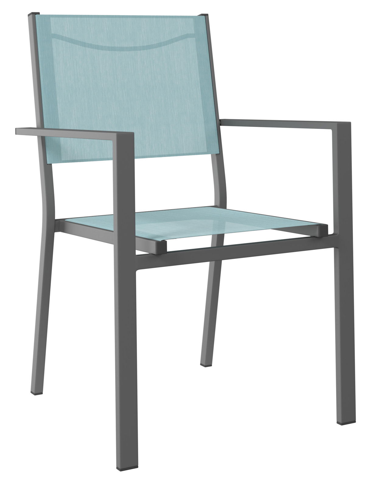 Moderner Stapelsessel mit hellblauer Sitzfläche und Rückenlehne, seitliche Perspektive