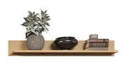 Wandregal aus Holz mit dekorativer Vase, Pflanze und Büchern, frontal betrachtet.