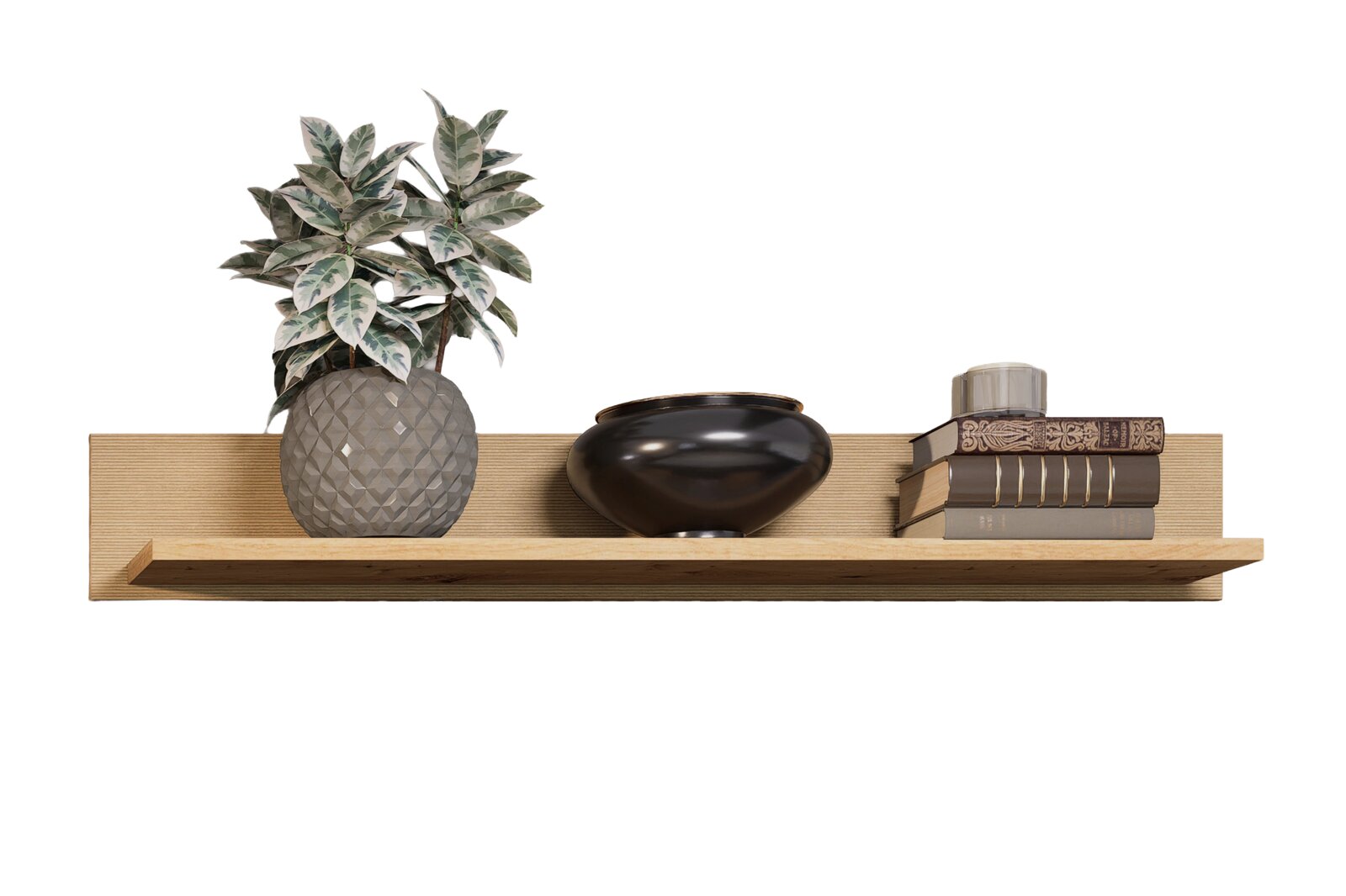Wandregal aus Holz mit dekorativer Vase, Pflanze und Büchern, frontal betrachtet.