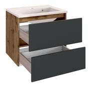 Moderner Waschplatz mit Holzoptik und zwei offenen Schubladen, seitliche Perspektive