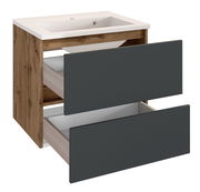 Moderner Waschplatz mit Holzoptik und zwei offenen Schubladen, seitliche Perspektive