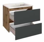 Moderner Waschplatz mit Holzoptik und zwei offenen Schubladen, seitliche Perspektive