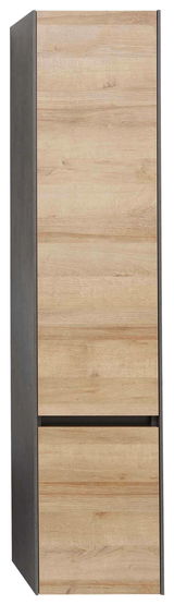 Hochschrank mit Türanschlag links in Holzoptik, frontal betrachtet.