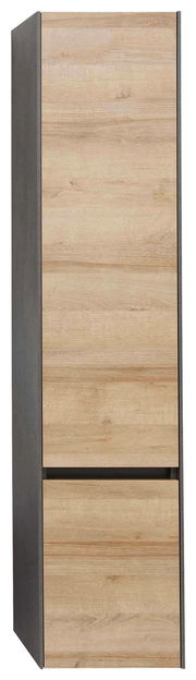 Hochschrank mit Türanschlag links in Holzoptik, frontal betrachtet.