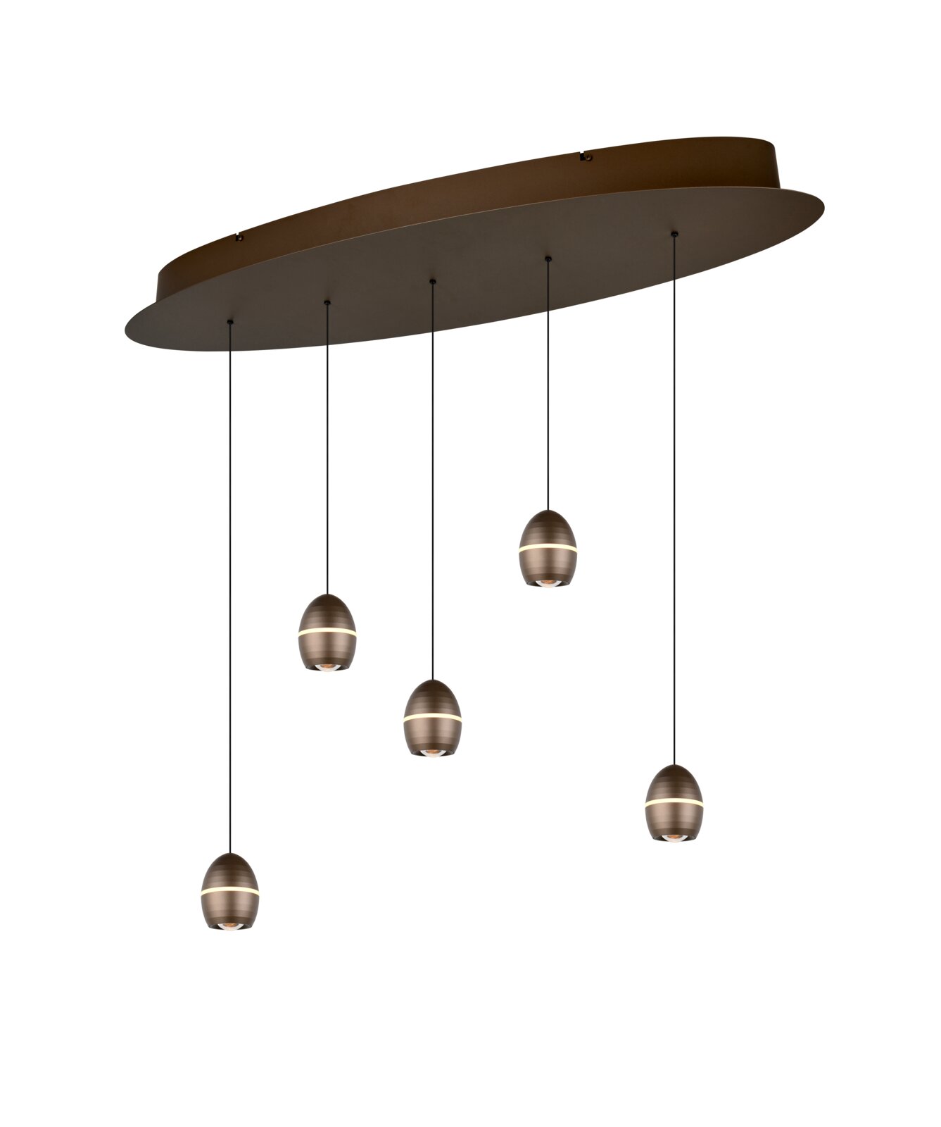 TRIO SELECT LED-hanglamp BEDFORD Moderne hanglamp met grote ovale plafondplaat en vijf druppelvormige pendels in bronskleur, gezien schuin van onderen tegen een witte achtergrond.