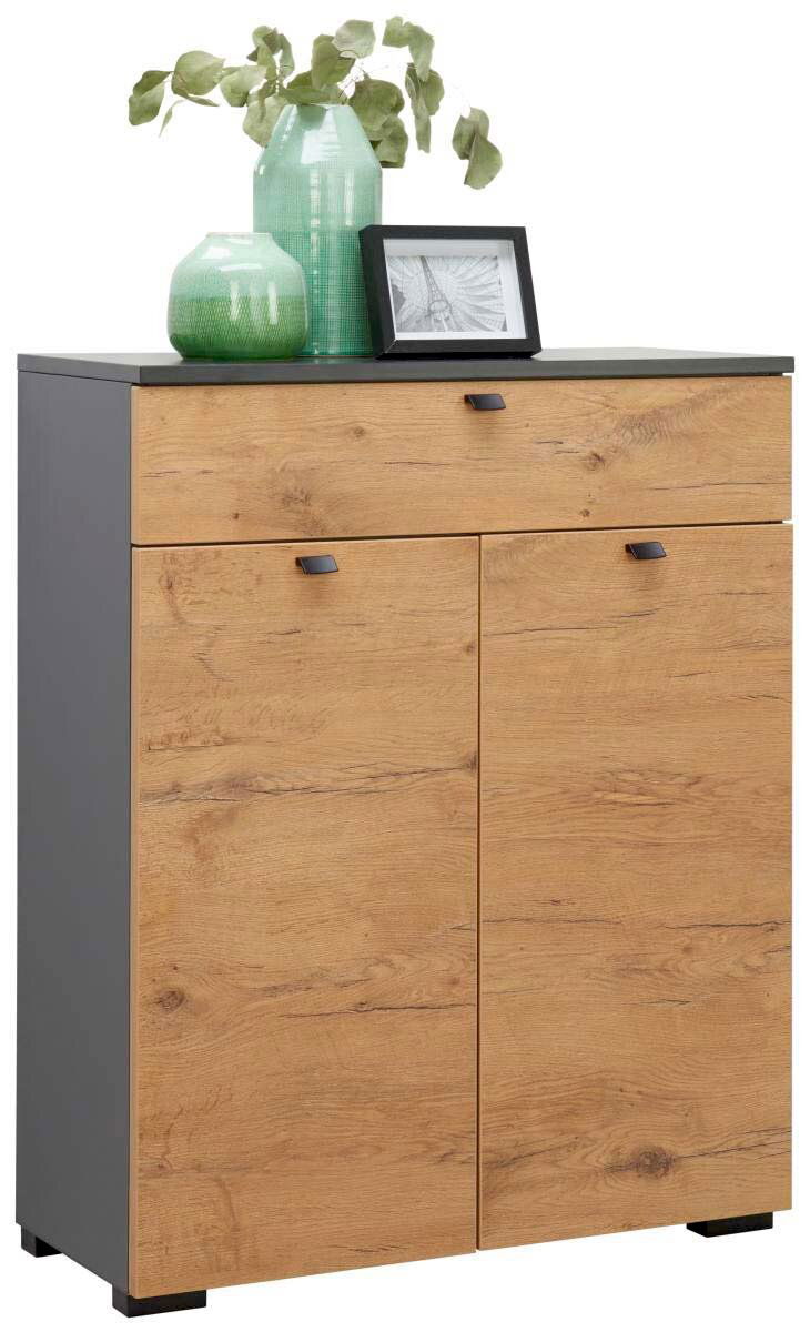 Moderano Schuhschrank BASIC Moderner Schuhschrank aus Holz mit zwei Türen und einer Schublade, dekoriert mit grünen Vasen und einem Bilderrahmen, seitliche Perspektive