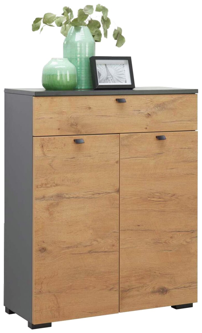 Moderano Schuhschrank BASIC Moderner Schuhschrank aus Holz mit zwei Türen und einer Schublade, dekoriert mit grünen Vasen und einem Bilderrahmen, seitliche Perspektive