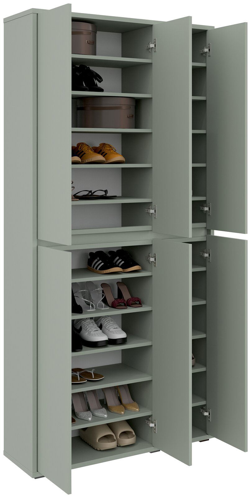 Grüner XXL-Schuh- und Mehrzweckschrank mit offenen Türen, gefüllt mit verschiedenen Schuhen, aus frontaler Perspektive.