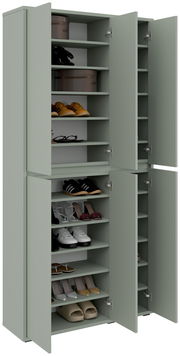 Grüner XXL-Schuh- und Mehrzweckschrank mit offenen Türen, gefüllt mit verschiedenen Schuhen, aus frontaler Perspektive.