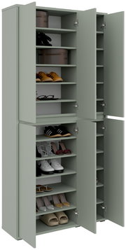 Grüner XXL-Schuh- und Mehrzweckschrank mit offenen Türen, gefüllt mit verschiedenen Schuhen, aus frontaler Perspektive.