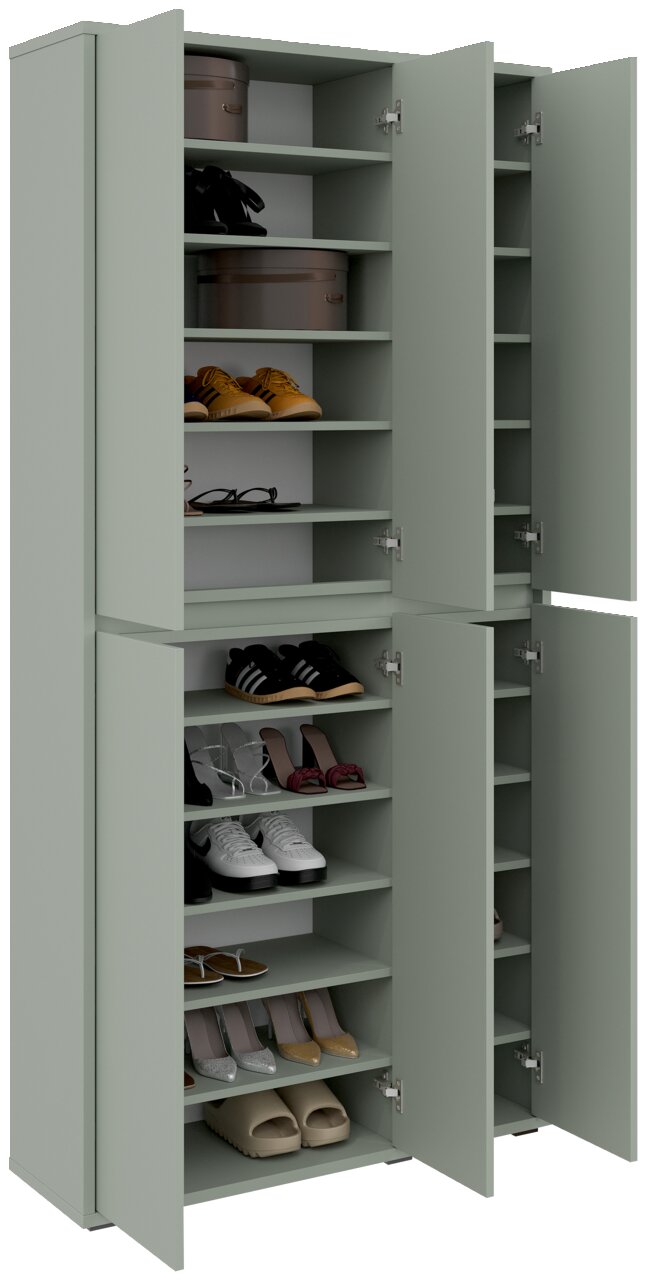 Grüner XXL-Schuh- und Mehrzweckschrank mit offenen Türen, gefüllt mit verschiedenen Schuhen, aus frontaler Perspektive.