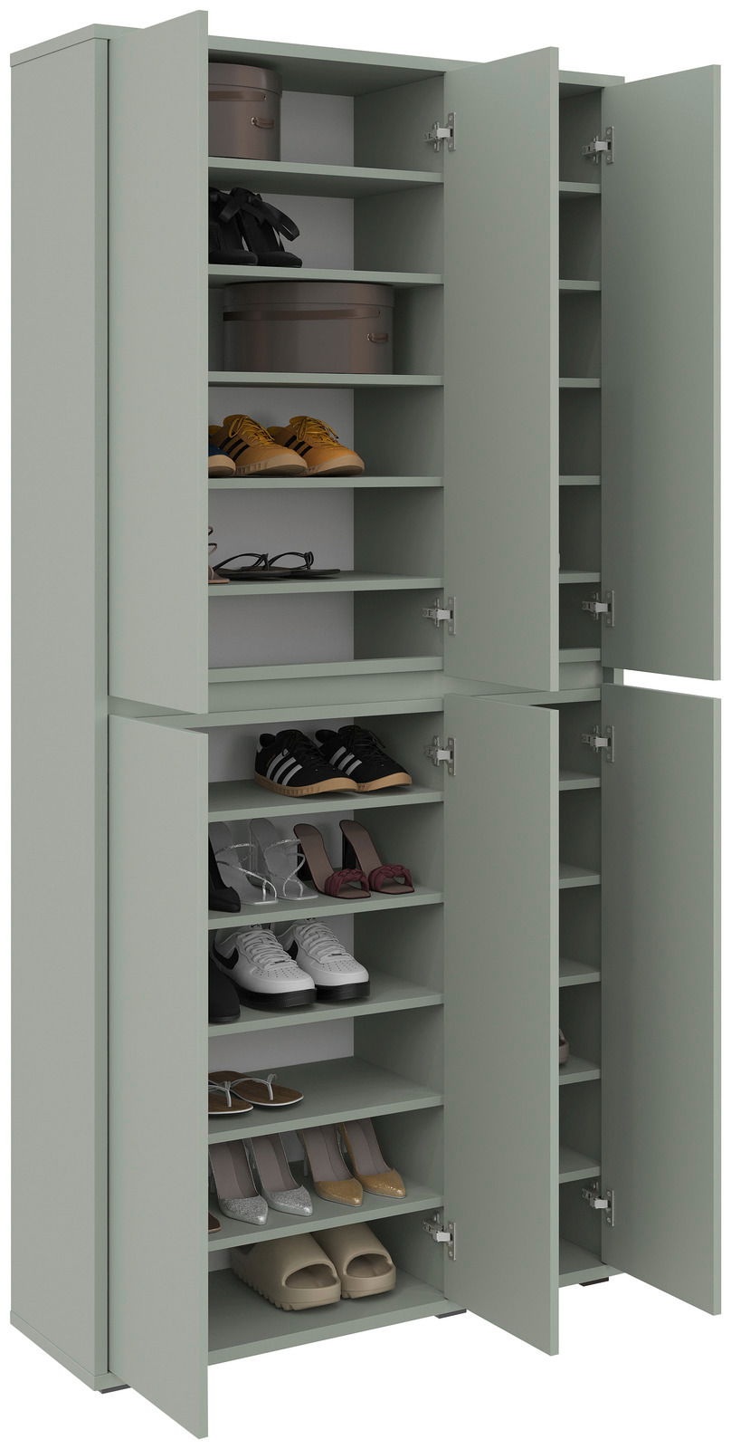 Grüner XXL-Schuh- und Mehrzweckschrank mit offenen Türen, gefüllt mit verschiedenen Schuhen, aus frontaler Perspektive.