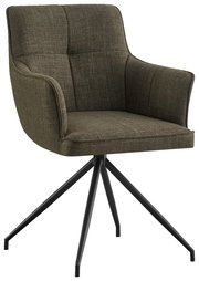 Moderner Armlehnstuhl mit dunkelgrünem Stoffbezug und schwarzem Metallgestell, seitliche Perspektive