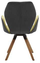 Rückansicht eines modernen Armlehnenstuhls mit dunkler Polsterung und Holzbeinen.