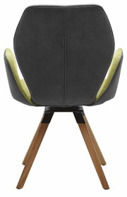 Rückansicht eines modernen Armlehnenstuhls mit dunkler Polsterung und Holzbeinen.