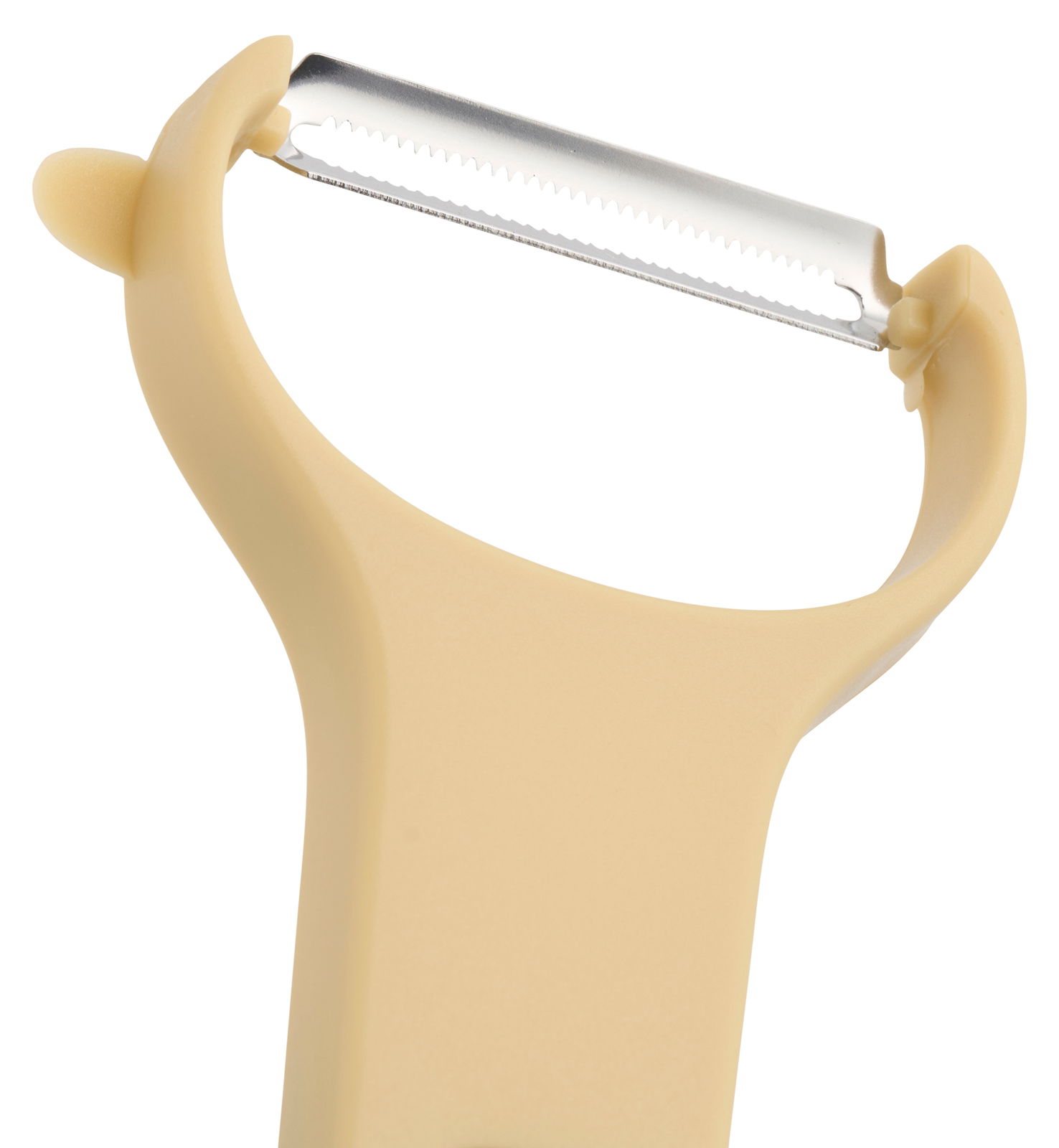 Day Schäler Set 3-tlg. Nahaufnahme eines beigen Schälers mit gezackter Klinge.