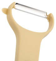 Nahaufnahme eines beigen Schälers mit gezackter Klinge.