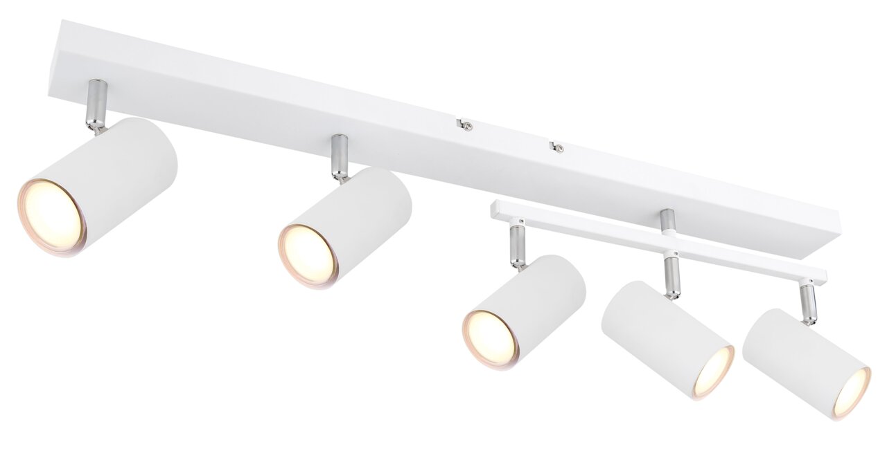 Moderner weißer Deckenstrahler mit fünf verstellbaren Leuchten, seitliche Perspektive