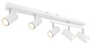 Moderner weißer Deckenstrahler mit fünf verstellbaren Leuchten, seitliche Perspektive
