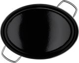 Schwarzer ovaler Bräter mit zwei Griffen, Ansicht von oben.