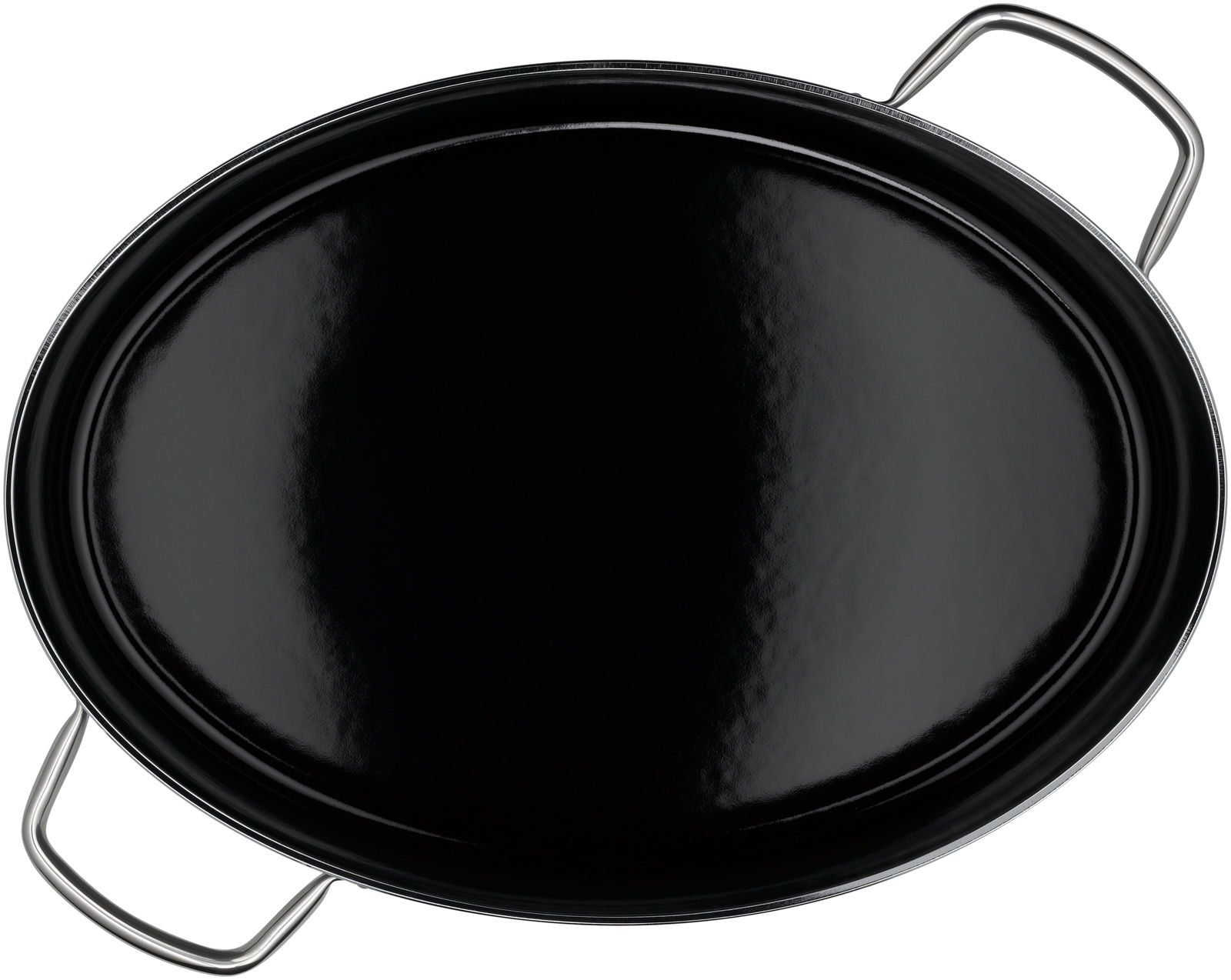 Schwarzer ovaler Bräter mit zwei Griffen, Ansicht von oben.