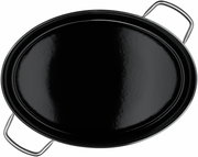 Schwarzer ovaler Bräter mit zwei Griffen, Ansicht von oben.