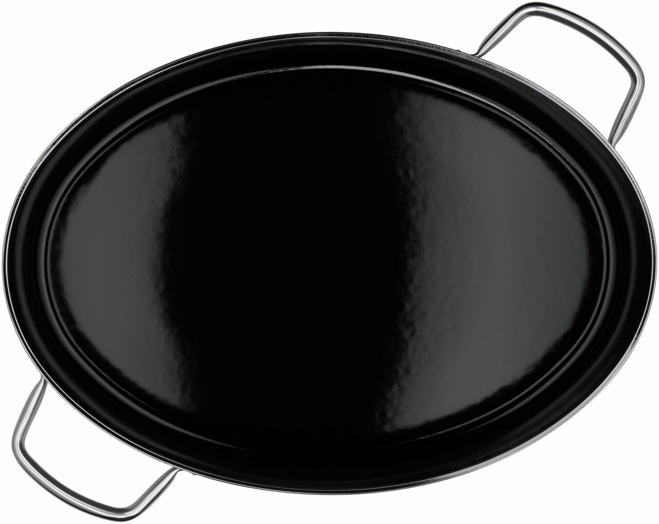 Schwarzer ovaler Bräter mit zwei Griffen, Ansicht von oben.