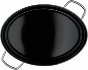 Schwarzer ovaler Bräter mit zwei Griffen, Ansicht von oben.