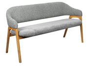 Graue Sitzbank mit Holzbeinen, seitliche Perspektive