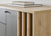 Nahaufnahme eines Garderobenschranks aus Holz mit grauen Türen und dekorativen Holzleisten, seitliche Perspektive