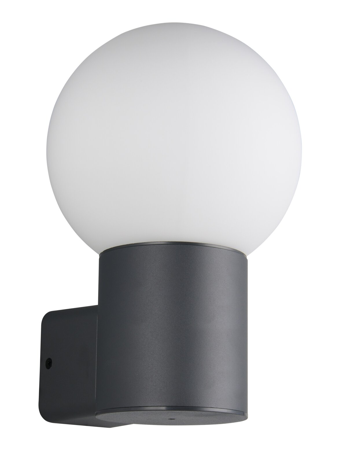 Moderne buitenwandlamp met een bolvormige, witte lampenkap en een zwarte wandbevestiging, zijaanzicht