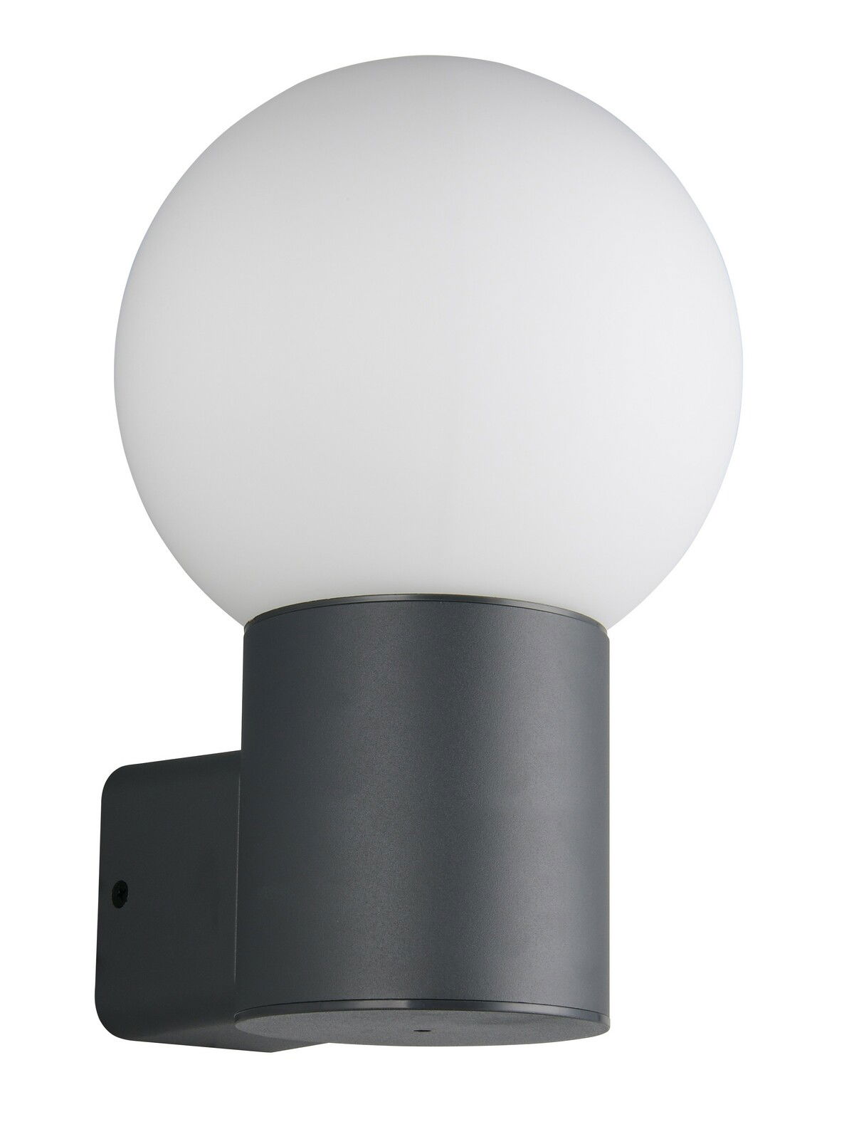 Moderne Außenwandleuchte mit kugelförmigem, weißem Lampenschirm und schwarzer Wandhalterung, seitliche Perspektive