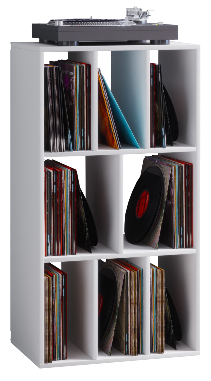 Weißes Vinyl-Schallplattenregal mit mehreren Fächern, gefüllt mit LPs, oben mit Plattenspieler – Frontansicht in leichter Seitenperspektive.