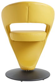 Gelber Sessel aus Leder, Rückansicht, mit modernem Design und rundem Sockel.