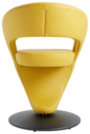 Gelber Sessel aus Leder, Rückansicht, mit modernem Design und rundem Sockel.