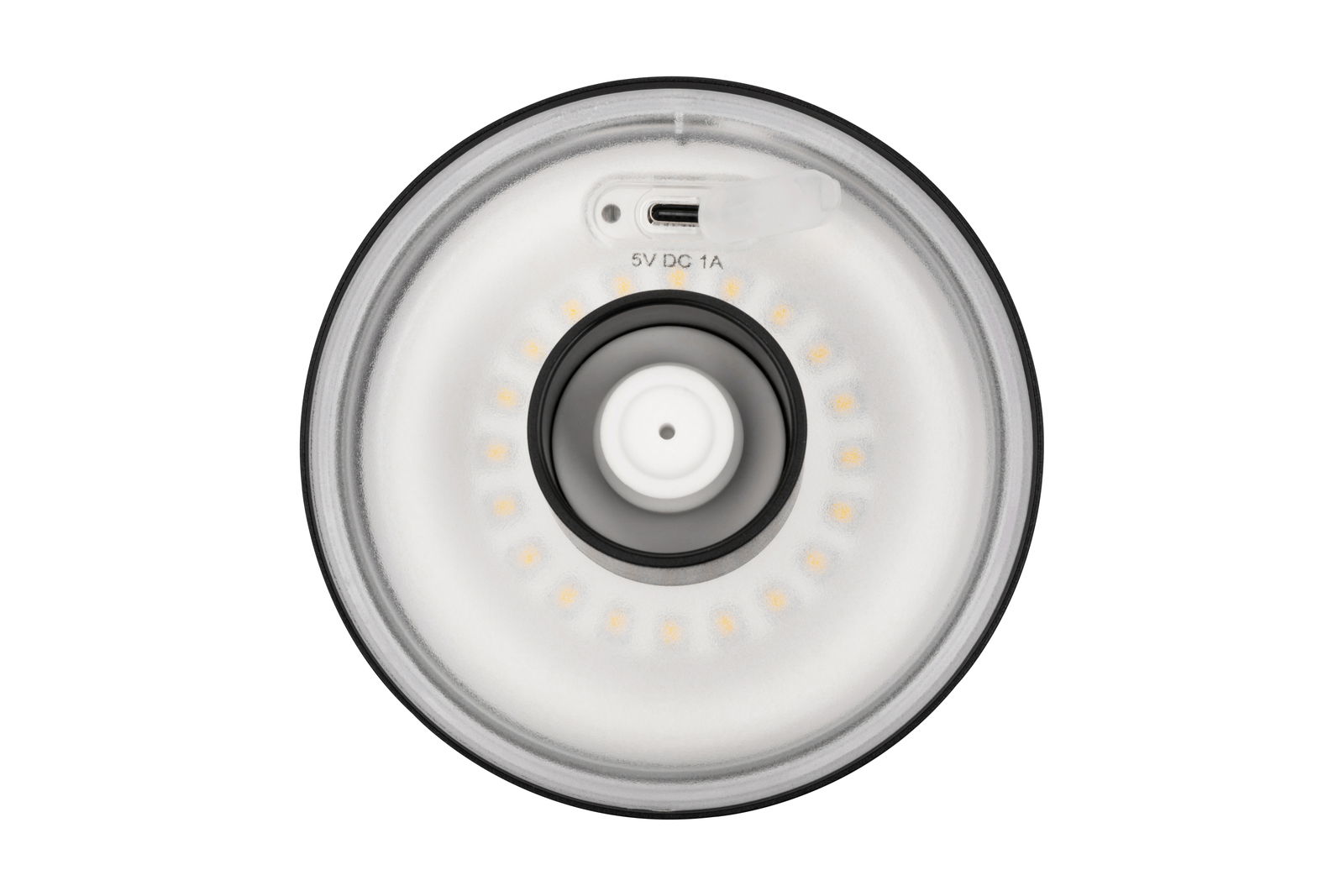 Draufsicht auf die Unterseite einer runden Akku-Tischleuchte mit USB-C-Anschluss und LED-Lichtern.