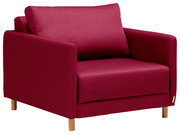 Roter Funktionssessel mit Holzbeinen, seitliche Perspektive