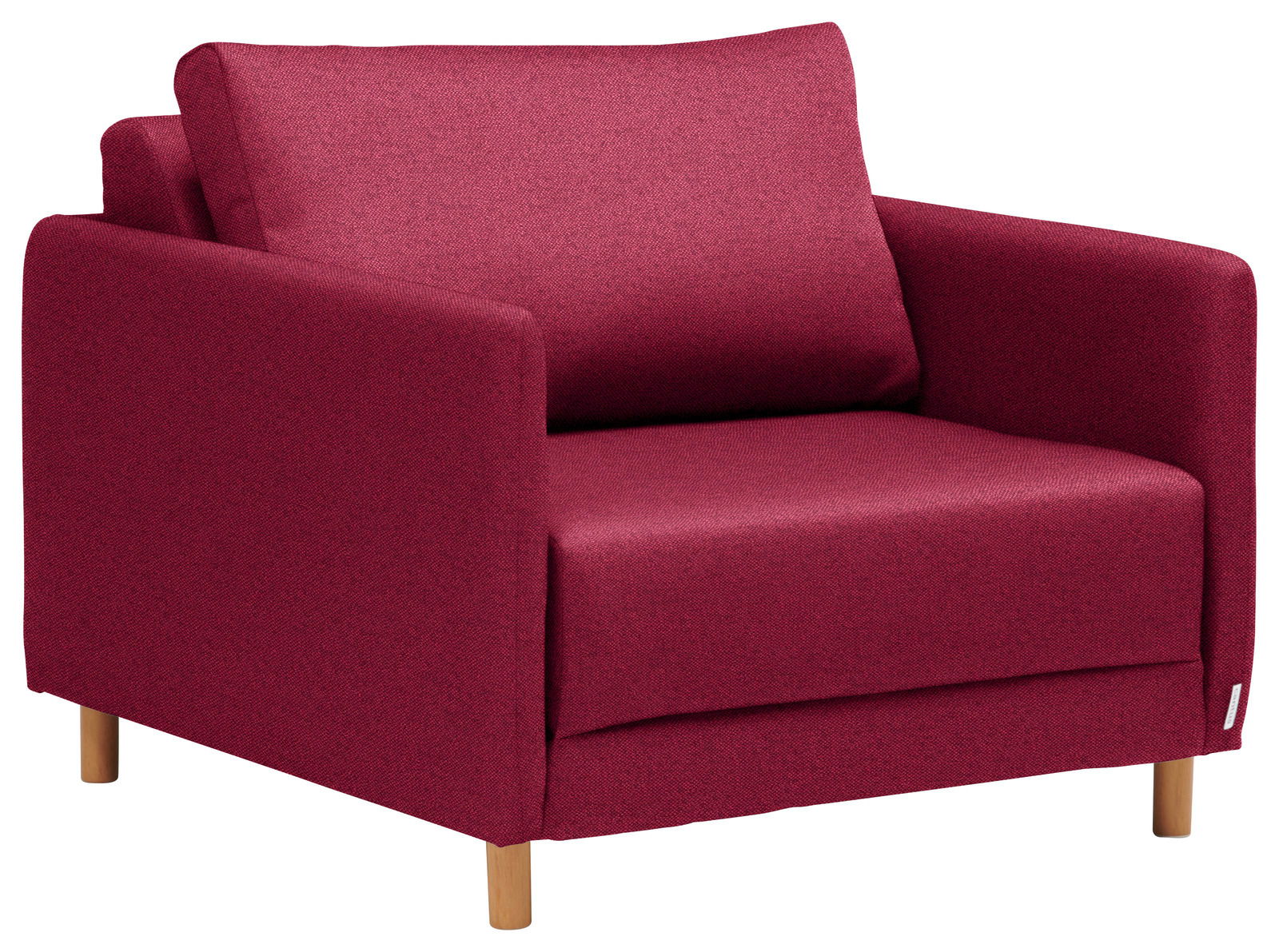 Roter Funktionssessel mit Holzbeinen, seitliche Perspektive