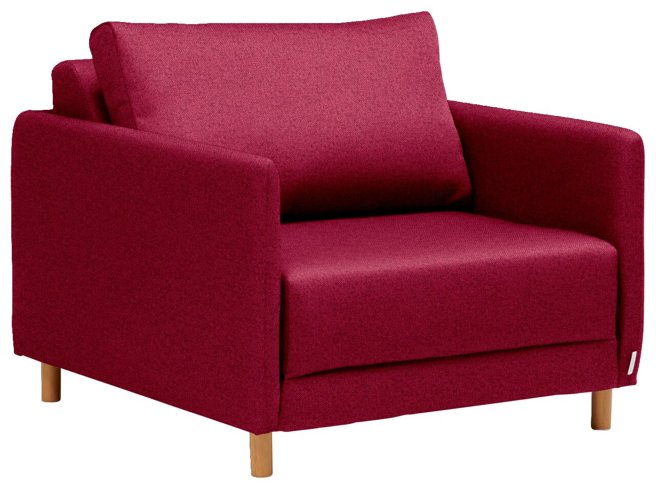 Roter Funktionssessel mit Holzbeinen, seitliche Perspektive