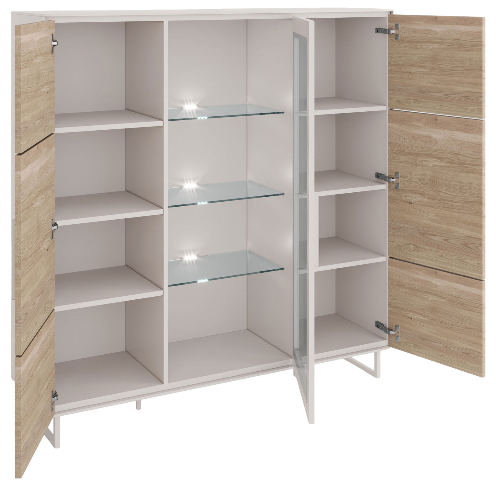 Offenes Highboard mit Holztüren und Glasregalen, frontale Perspektive